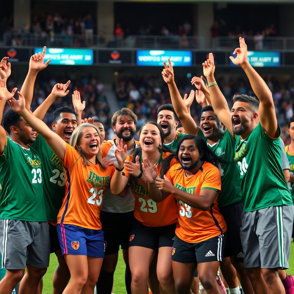 diverse group of athletes celebrating, sports community, victory moment, energetic