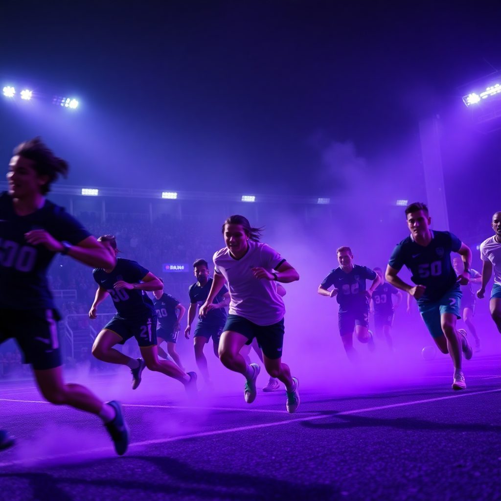 cinematic sports scene with athletes in motion, dynamic action shots, energetic movement, purple lighting