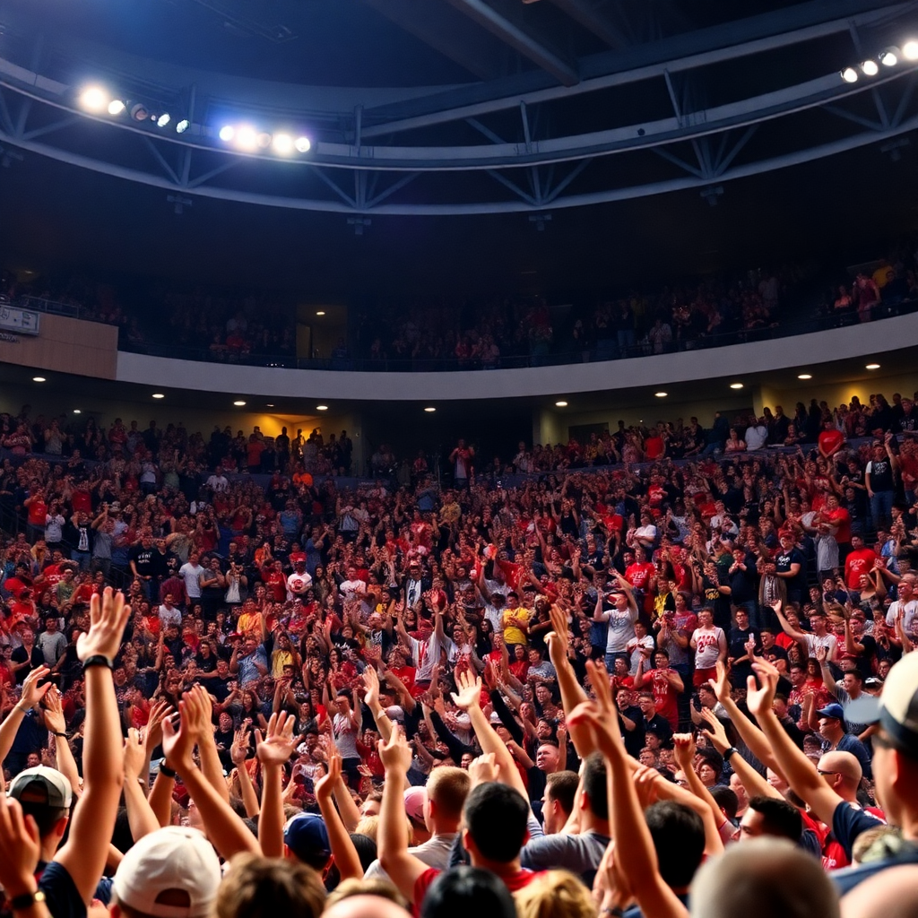 stadium with cheering crowd, energetic sports audience, victory celebration