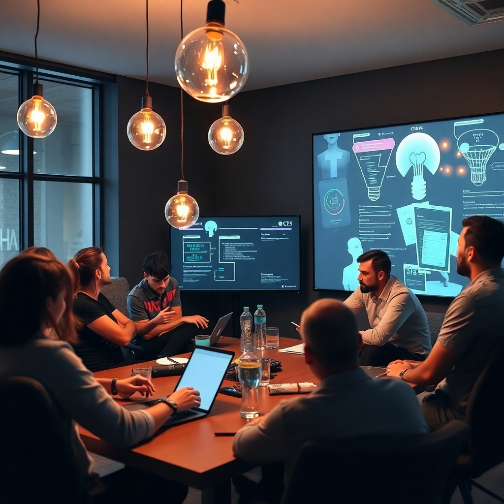 entrepreneurs brainstorming sports platform ideas, creative workspace, innovation