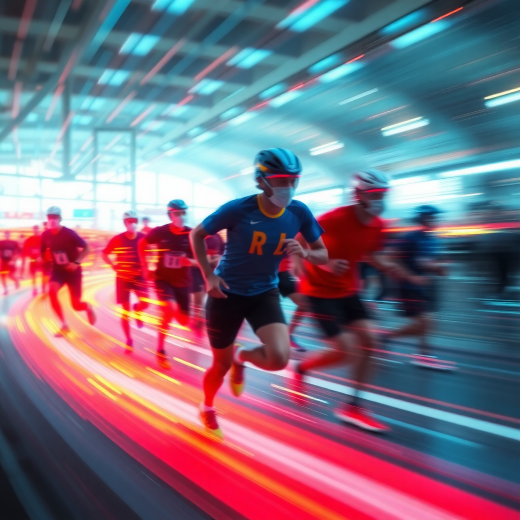 abstract sports vision concept, blurred athletes in motion, futuristic