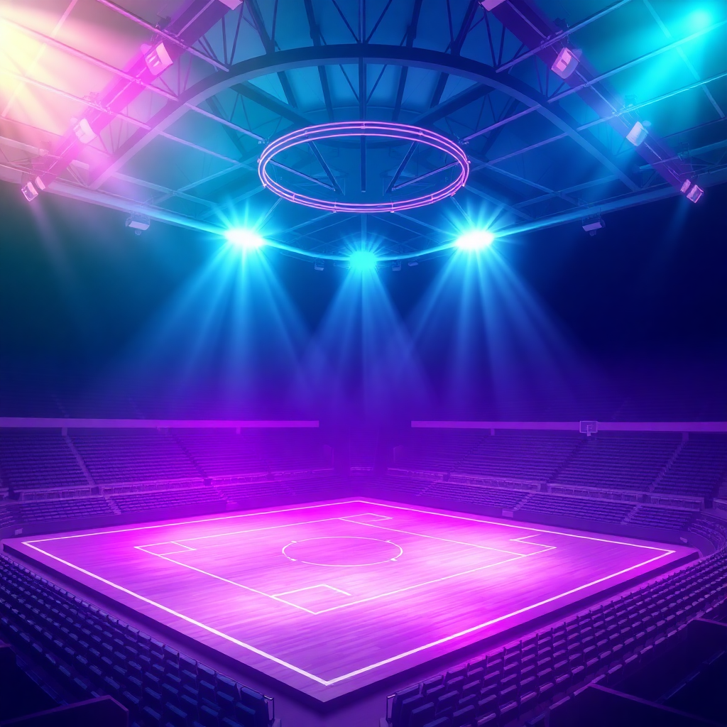 abstract sports arena background with geometric patterns, purple and green energy lines