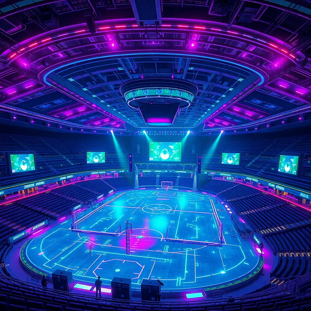 futuristic sports arena with glowing AI interfaces, holographic displays, purple and green neon atmosphere