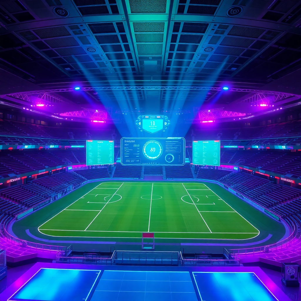 futuristic sports stadium with glowing AI dashboard displays, holographic data visualization, purple and green neon lights