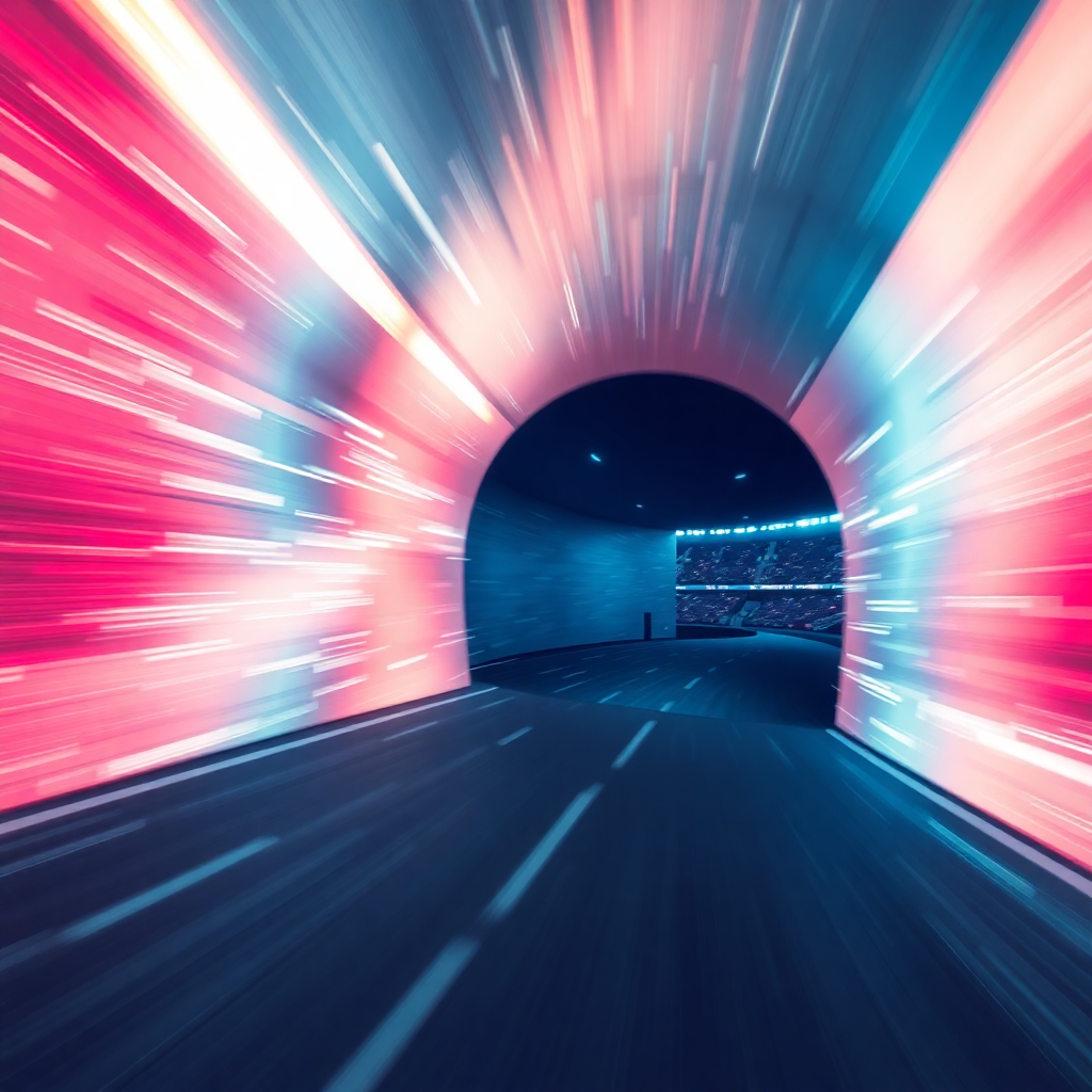 stadium tunnel with glowing lights, sports arena walkout, dynamic motion blur effect
