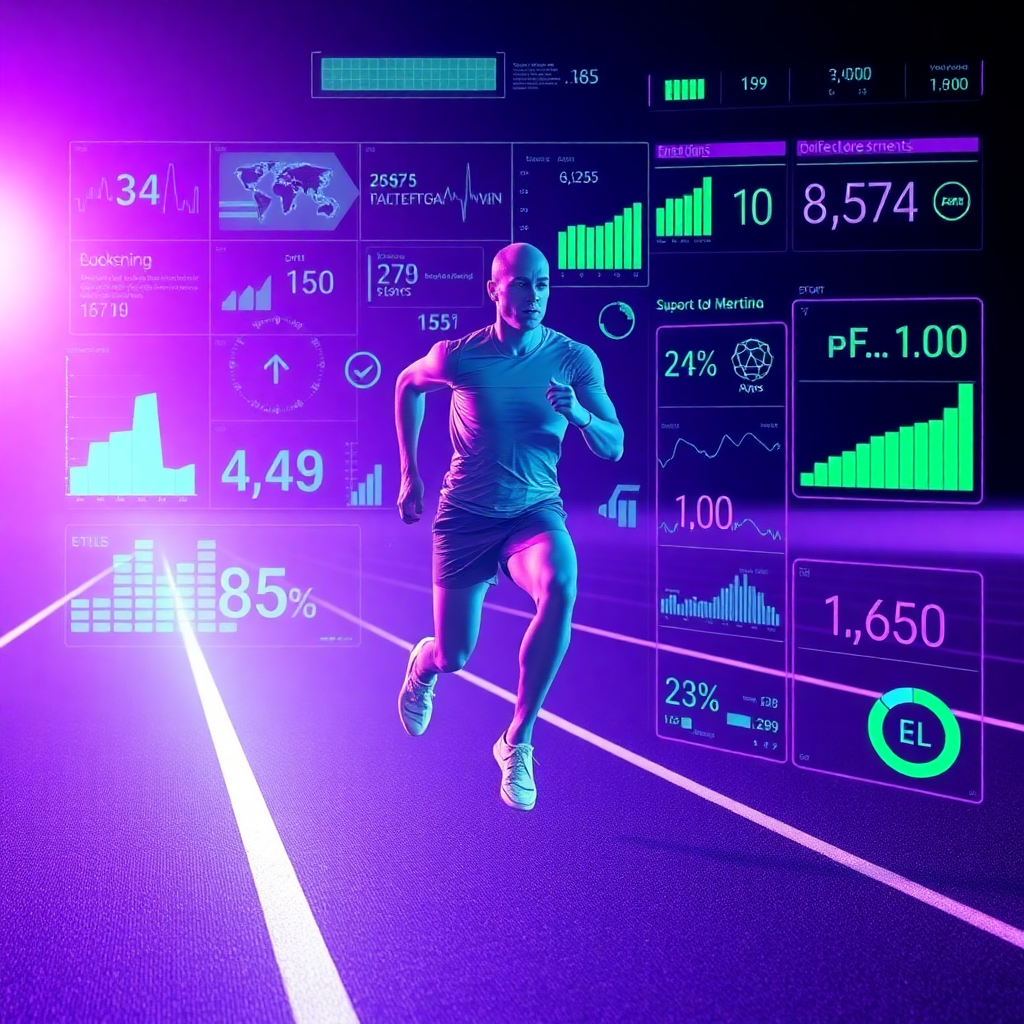 athlete running on track with digital overlay of stats and metrics, futuristic sports technology, purple and neon green