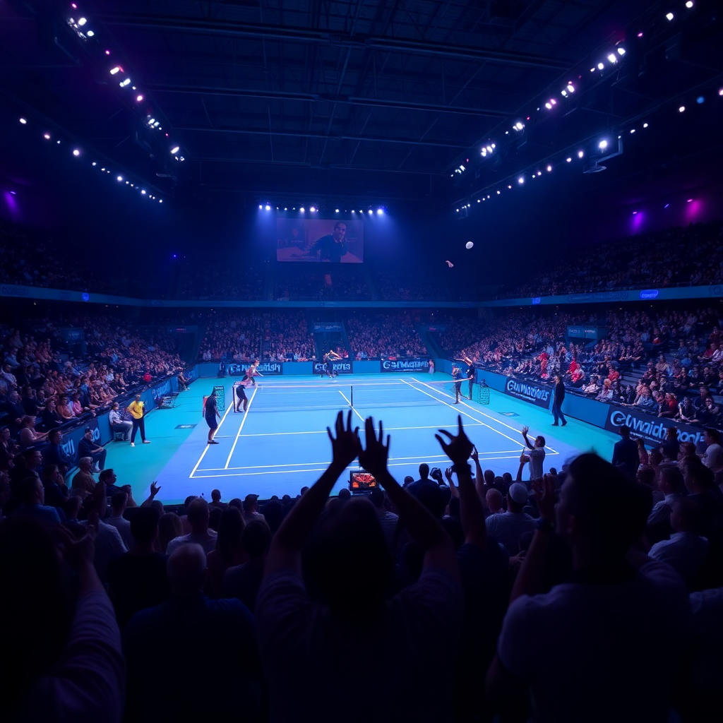 sports stadium with dynamic match moments, badminton shuttle flying, crowd cheering, dark moody lighting with purple glow