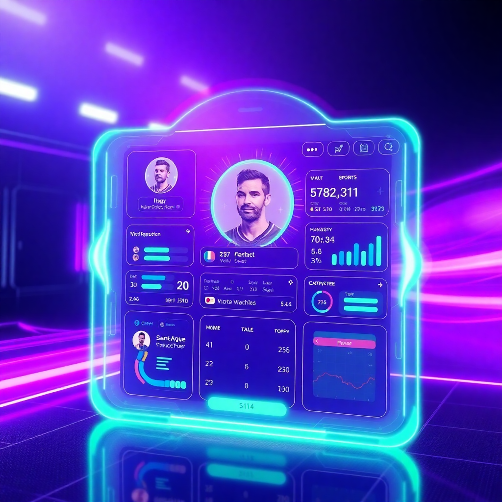 futuristic sports profile dashboard with player stats and achievements, holographic interface with purple and neon green accents