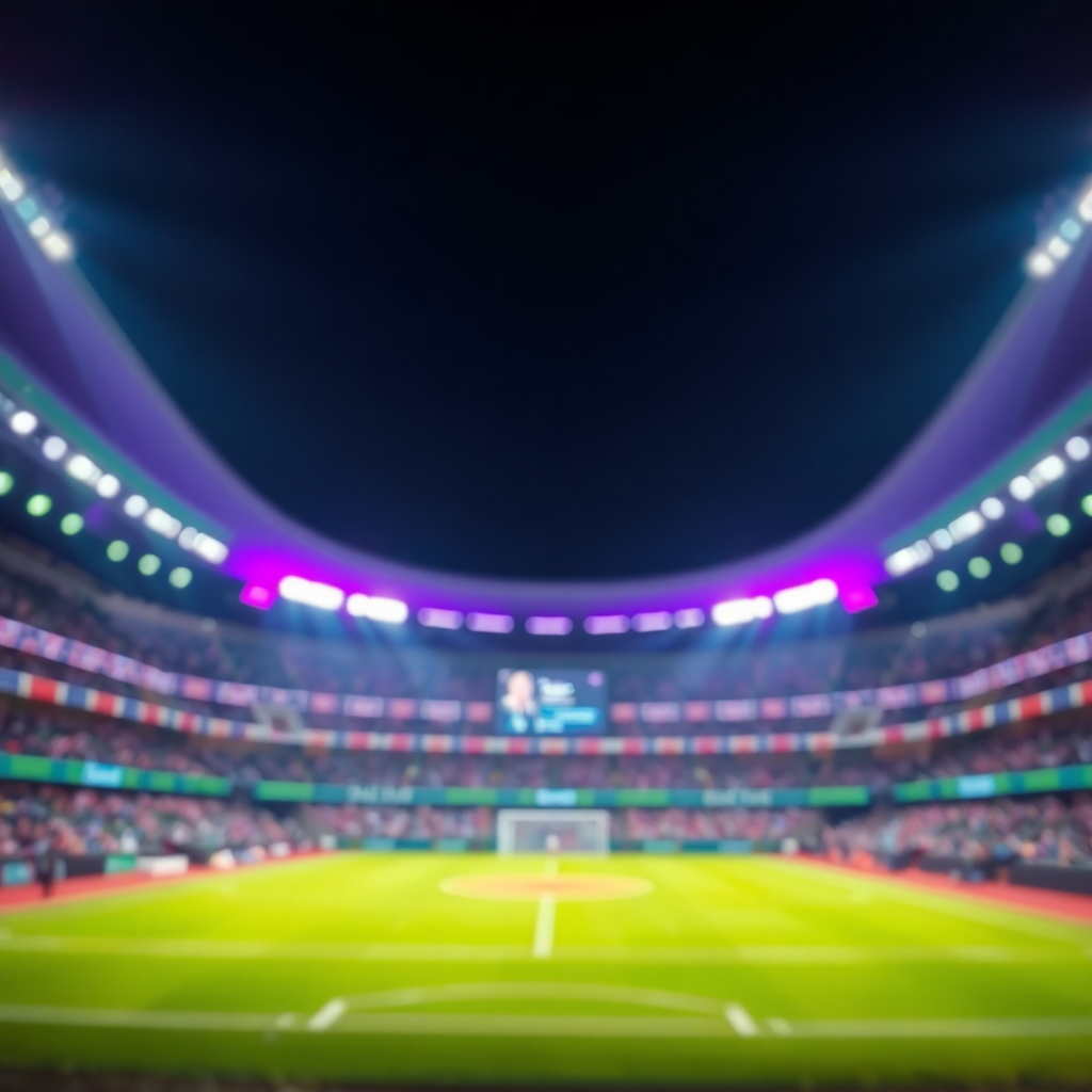 blurred sports stadium with dramatic lighting, purple glow, and neon green accents