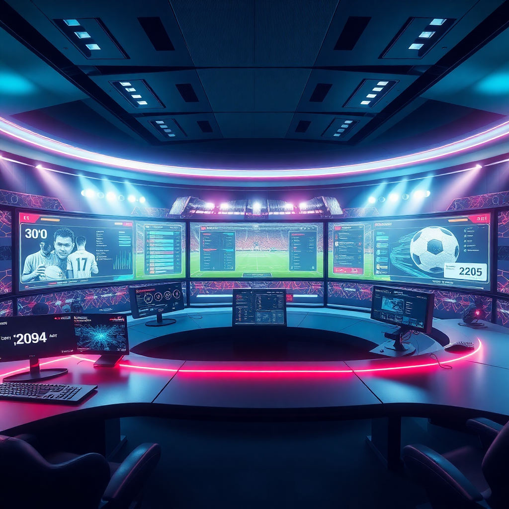 futuristic sports command center with holographic displays, league management dashboard interface, dynamic stadium lighting