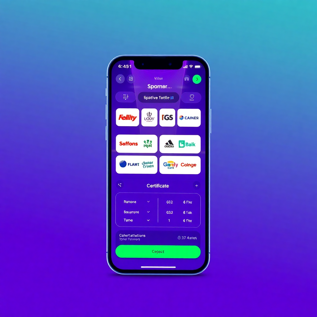 mobile app screen showing sports scoreboard with sponsor logos prominently displayed, digital certificate with sponsor branding, purple and neon green theme