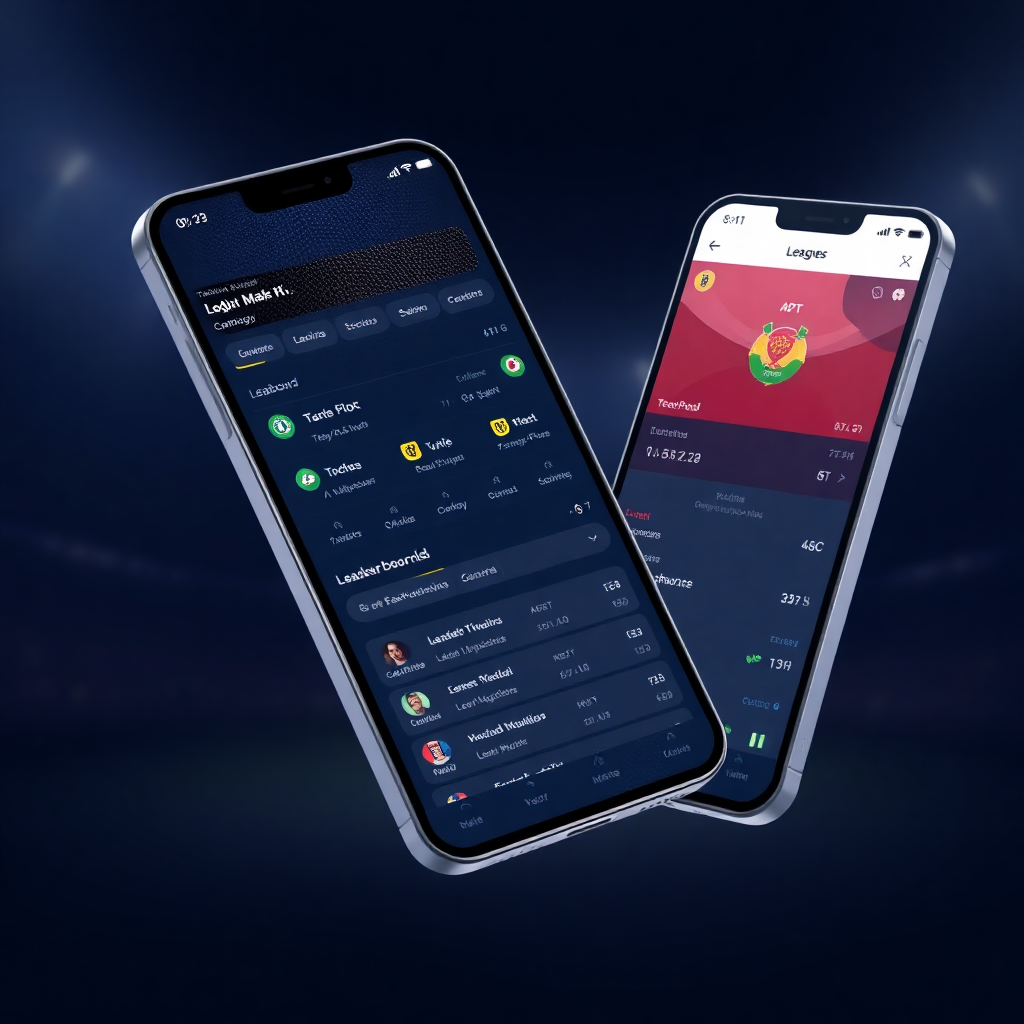 mobile app interface showing league fixtures, live scoring dashboard, leaderboard screens floating in 3D space