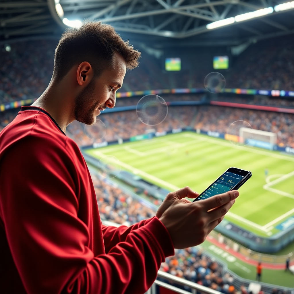confident athlete checking sports app mid-match with dynamic stat overlays, badges and match alerts floating around screen, stadium atmosphere